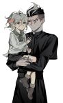  2boys aged_down alternate_costume animal_ears bare_legs black_hair black_robe black_shorts boots bow bowtie brown_boots buttons child closed_mouth collared_robe collared_shirt danganronpa_(series) danganronpa_2:_goodbye_despair deer_boy deer_ears deer_tail extra_ears forehead frown furrowed_brow green_bow green_bowtie green_sailor_collar grey_eyes grey_hair hair_between_eyes heterochromia highres horizontal_pupils kemonomimi_mode komaeda_nagito layered_sleeves lifting_person long_hair_between_eyes long_sleeves looking_at_another looking_at_viewer male_focus messy_hair multicolored_hair multiple_boys pointy_nose priest puffy_long_sleeves puffy_sleeves red_eyes robe rosary sailor_collar saman_zero7 scar scar_across_eye scar_on_face shirt short_hair short_over_long_sleeves short_sleeves shorts sideburns simple_background streaked_hair sweatdrop tail tanaka_gundham two-tone_hair very_short_hair white_background white_hair white_shirt 