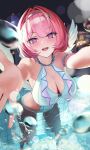 1girl alt_text armlet bead_armlet breasts commentary_request feathered_wings frilled_one-piece_swimsuit frills hair_intakes hair_ornament hairclip highres jewelry large_breasts looking_at_viewer medium_hair official_alternate_costume one-piece_swimsuit open_mouth pink_hair pool purple_eyes remielle_dan remielle_dan_(seashade_pas_seul) solo swimsuit torjun_111 wading water wet white_one-piece_swimsuit white_wings wings zenless_zone_zero 