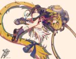 1girl animal_ear_fluff animal_ears blonde_hair bow colored_inner_hair commentary english_commentary fini_kin full_body green_eyes high-waist_shorts highres hu_wei_(zenless_zone_zero) jacket ju_fufu long_hair looking_at_viewer lying multicolored_hair on_back open_mouth shirt shorts simple_background solo striped_fur striped_hair tail tail_bow tail_ornament thigh_strap tiger_ears tiger_girl tiger_stripes tiger_tail very_long_tail white_hair yellow_background yellow_jacket zenless_zone_zero 