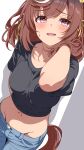  1girl 96dai_0313 absurdres animal_ears black_shirt blue_pants blush braid breasts brown_hair buena_vista_(umamusume) commentary_request denim ear_covers hair_between_eyes highres horse_ears horse_girl horse_tail jeans looking_at_viewer lowleg medium_breasts medium_hair midriff navel open_mouth pants purple_eyes shirt short_sleeves simple_background smile solo sweatdrop t-shirt tail umamusume 