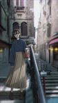  1girl alley bag bag_charm black_hair blue_shirt boots breast_pocket brown_bag brown_boots brown_eyes buttons charm_(object) collared_shirt commentary cup disposable_cup double-parted_bangs english_text french_text full_body hair_between_eyes high-waist_skirt highres holding holding_cup italy lace-up_boots long_skirt on_stairs original pleated_skirt pocket railing sakeharasu shirt short_hair shoulder_bag sign skirt sleeves_past_wrists solo standing urban venice yellow_skirt 