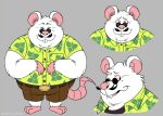  2021 anthro bottomwear clothing eyes_closed eyewear facial_hair fur humanoid_hands john_vithor male mammal mouse murid murine mustache overweight overweight_male pink_nose red_eyes rodent shirt shorts simple_background solo sunglasses topwear white_body white_fur 
