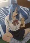  1girl alternate_costume aqua_(konosuba) bed blue_eyes blue_hair breasts cellphone commentary_request contemporary flip_phone hair_bun hair_ornament highres holding holding_phone indoors izawa_(bhive003) kono_subarashii_sekai_ni_shukufuku_wo! large_breasts long_hair looking_at_viewer open_mouth phone pleated_skirt school_uniform serafuku shirt skirt solo white_shirt 