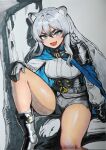  1girl ahoge animal_ear_fluff animal_ears armor black_shorts blush braid breasts commentary_request fang grey_eyes highres humanization korean_commentary large_breasts long_hair looking_at_viewer mr_tangsuyuk multicolored_hair open_mouth shirt shorts single_braid sitting smile solo streaked_hair striped_hair tig_(hero)_(trickcal) tig_(trickcal) tiger tiger_ears tiger_girl trickcal white_hair white_tiger white_tiger_print 