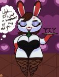  animal_crossing annoyed anthro between_breasts breasts bunny_costume cleavage clothed clothing costume cross-popping_vein female fishnet fishnet_legwear hi_res klutzatdusk lagomorph legwear leporid lipstick makeup mammal nintendo object_between_breasts rabbit short_stack skimpy solo thought_bubble tiffany_(animal_crossing) tight_clothing video_games wide_hips 