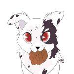  1:1 2019 anime_style artist black_and_white_fur border_collie canid canine canis collie dated domestic_dog female feral floppy_ears folded_ears herding_dog holding_object mammal object_in_mouth pastoral_dog pinecone portrait real_world red_eyes sheepdog signature simple_background solo unknown_artist white_background 