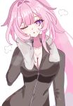  1girl alternate_costume alternate_hairstyle black_bodysuit bodysuit breasts cleavage commentary_request cyrene_(demiurge)_(honkai:_star_rail) cyrene_(honkai:_star_rail) diamond-shaped_pupils diamond_(shape) go_tobuy hair_intakes high_ponytail highres holding holding_towel honkai:_star_rail honkai_(series) large_breasts long_hair looking_at_viewer one_eye_closed pink_hair ponytail purple_eyes simple_background solo sweat symbol-shaped_pupils towel very_long_hair white_background zipper 