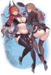  2girls :d absurdres all_fours anis_(nikke) antenna_hair ass bandolier belt belt_pouch beret between_breasts black_belt black_gloves black_jacket black_leotard black_pants black_shirt black_shoes black_thighhighs blush breasts brown_hair cleavage clothing_cutout commander_(nikke) commentary cropped_jacket crossed_bangs crotch_plate eliskalti fingerless_gloves full_body gloves goddess_of_victory:_nikke groin hair_between_eyes hair_intakes hat high_heels highres hip_vent holding_hands horns jacket large_breasts leather leather_jacket leather_pants leg_cutout leotard long_hair looking_at_viewer lying lying_on_water mechanical_horns multiple_girls navel neon_(nikke) on_back open_clothes open_jacket open_mouth pants parted_lips pouch rapi_(nikke) reaching reaching_towards_viewer red_eyes red_hair red_hood_(nikke) red_jacket red_scarf reflection reflective_liquid scarf shirt shoes sidelocks skindentation smile strap_between_breasts suspenders thighhighs top-down_bottom-up unworn_headwear unzipped very_long_hair water yellow_eyes zipper 