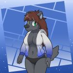  1:1 abstract_background anthro breasts brown_hair canid canine canis cleavage clothed clothing female fur green_eyes grey_body grey_fur hair hazel_(terysium) looking_at_viewer mammal mostly_nude panties silvrsterlng solo underwear wolf 