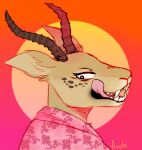  2019 ambiguous_gender antelope anthro beastars biped bovid clothed clothing digital_drawing_(artwork) digital_media_(artwork) eye_spots froste fur gazelle gradient_background horn licking licking_lips mammal melon_(beastars) pink_clothing pink_shirt pink_topwear shirt simple_background solo text tongue tongue_out topwear 