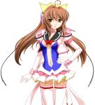  1girl 2000s_(style) ahoge bow breasts brown_eyes brown_hair center_opening cleavage elbow_gloves game_asset gloves hand_on_own_hip headphones headset large_variant_set long_hair magical_girl mahou_senshi_(series) mahou_senshi_symphonic_knights medium_breasts navel non-web_source official_art open_mouth parted_lips saitou_natsuki self-datamine simple_background skirt solo symphonic_lily tachi-e thighhighs transparent_background variant_set yurise_ririna zettai_ryouiki 