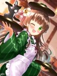  1girl :d ;d absurdres ama_usa_an_uniform anko_(gochiusa) apron balancing_on_head blunt_bangs blurry blurry_background brown_hair cafe commentary_request cup dutch_text flower frilled_apron frills gochuumon_wa_usagi_desu_ka? green_eyes green_kimono hair_flower hair_ornament hair_ribbon highres holding holding_tray indoors japanese_clothes kimono layered_sleeves long_hair long_sleeves looking_at_viewer maid maid_apron one_eye_closed open_mouth pinstripe_kimono pinstripe_pattern polka_dot_trim rabbit ribbon smile solo sparkle striped_clothes striped_kimono tareme tray ujimatsu_chiya vertical-striped_clothes vertical-striped_kimono wa_maid waitress white_apron white_flower wide_sleeves yu-ka0919 