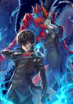  2boys absurdres amamiya_ren arsene_(persona_5) ascot black_background black_gloves black_hair black_jacket black_pants black_vest black_wings blue_fire commentary demon_(megami_tensei) domino_mask eye_mask feathered_wings fingernails fire frilled_ascot frills gloves glowing grin hat high_collar highres jacket joker_(persona_5) looking_at_viewer mask multiple_boys open_clothes open_jacket pants persona persona_(summon) persona_5 pocket_square red_eyes red_jacket sharp_fingernails short_hair simple_background smile sumaboooo top_hat unworn_mask vest white_ascot wings 