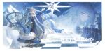  2girls absurdres animal_ear_fluff animal_ears arknights arm_up bell blue_cloak blue_shawl boots border braid brown_boots chess_piece chessboard cloak closed_mouth dress full_body grey_eyes grey_hair highres kjera_(arknights) long_dress long_hair long_sleeves mountain multiple_girls outstretched_arm pramanix_(arknights) pramanix_the_prerita_(arknights) reaching shawl smile snow_leopard_ears snow_leopard_girl snow_leopard_tail standing tail tiara twin_braids very_long_hair wan_deng_varda white_border 