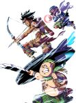  3boys aiming angry archery armband armor arrow_(projectile) backpack bag bandana battle belt black_hair blue_hair boots bow_(weapon) brown_hair cape clenched_teeth commentary_request dark-skinned_male dark_skin drawing_bow energy_ball facial_hair gloves green_hair green_scarf grimace hat headband highres holding holding_arrow holding_bow_(weapon) holding_sword holding_weapon inuno_rakugaki jewelry magic male_focus motion_blur multiple_boys mustache open_mouth original pants ponytail quiver sandals scar scarf shield shoes short_hair simple_background staff sword teeth topless_male weapon white_background wristband 