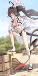  1girl absurdres ahoge beach bikini black_bikini black_horns black_tail blue_archive coat coat_partially_removed commentary curved_horns demon_horns demon_tail hair_intakes halo highres holding holding_removed_eyewear horns kasumi_(blue_archive) kasumi_(swimsuit)_(blue_archive) kemeleon knee_up lab_coat long_hair mismatched_bikini official_alternate_costume outdoors platform_heels platform_sandals red_bikini red_halo red_shirt sandals shirt smile solo striped_bikini striped_clothes sunglasses swimsuit tail triangle_bikini_top twintails unworn_eyewear white-framed_eyewear white_coat 