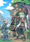  1girl 2boys :d animal animal_on_shoulder anklet bald barrel beads beard belt bird blue_sky boots bracelet braid breasts cape capelet cat cat_on_shoulder cloud commentary_request day detached_sleeves dress earrings facial_hair full_body grass green_eyes green_hair grey_hair hair_ornament hat highres holding inuno_rakugaki jewelry long_hair looking_at_another map mountain mouse_(animal) multiple_boys muscular mustache nature navel necklace old old_man on_shoulder open_mouth original outdoors pants pantyhose pointing red_dress rope sheath sheathed short_hair sitting sky smile standing sweatdrop sword tree village weapon 