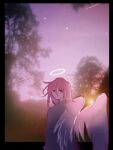  1boy androgynous angel angel_devil_(chainsaw_man) angel_wings black_suit chainsaw_man commentary english_commentary feathered_wings glowing glowing_halo halo highres looking_at_viewer looking_back male_focus night photo_background pink_eyes pink_hair rinshiwasu suit traditional_halo tree white_wings wings 