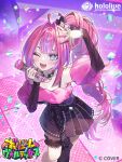  1girl ahoge arm_warmers black_bow black_skirt black_thighhighs blue_eyes bow breasts choker commentary_request dress frilled_thigh_strap hair_bow heart heart_print hololive hololive_dev_is hololive_official_card_game kikirara_vivi kikirara_vivi_(flowglow_uniform) long_hair looking_at_viewer multicolored_hair official_alternate_costume official_art one_eye_closed open_mouth pink_hair purple_hair red_arm_warmers samo_cha single_thighhigh skirt solo spiked_choker spikes standing symbol-shaped_pupils thigh_strap thighhighs two-tone_hair virtual_youtuber 