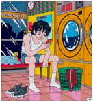  1boy analog_clock beer_can bench boxers can cellphone city_lights clock converse drink_can elbow_rest facial_hair green_hair half-closed_eyes highres holding holding_phone indoors kaneoya_sachiko laundromat laundry laundry_basket leaning_forward looking_at_phone male_focus male_underwear night on_bench original parted_lips partially_undressed phone sanpaku sapporo_beer shirt_tucked_in shoes short_hair sitting smartphone sneakers socks solo stubble tank_top tile_floor tiles underwear unworn_shoes washing_machine window 
