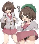  1girl :d absurdres backpack bag bright_pupils brown_bag brown_eyes brown_hair buttons cardigan collared_dress commentary_request dress gloria_(pokemon) green_hat grey_cardigan hand_up hat heart highres holding_strap hood hood_down hooded_cardigan index_finger_raised looking_at_viewer ly_(erueruly) multiple_views open_mouth pokemon pokemon_sword_and_shield short_hair simple_background smile spoken_heart tam_o'_shanter translation_request white_background white_pupils 