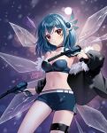  1girl bandeau bare_shoulders belt black_choker black_jacket blue_bandeau blue_hair blue_shorts blush breasts choker cleavage closed_mouth commentary commission cropped emi_kitori english_commentary eyelashes facial_mark fur-trimmed_jacket fur_trim hair_ornament highres jacket long_sleeves medium_hair midriff navel off_shoulder open_clothes open_jacket piruluk red_eyes shorts signature solo thigh_strap triangle triangle_facial_mark white_belt wixoss 