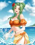  1girl absurdres bare_shoulders bikini blue_sky blush breasts brown_eyes cleavage cloud elincia_ridell_crimea elincia_ridell_crimea_(summer) fire_emblem fire_emblem:_radiant_dawn fire_emblem_heroes flower green_hair hair_flower hair_ornament hibiscus highres iamerror14 long_hair looking_at_viewer medium_breasts ocean off-shoulder_bikini off_shoulder official_alternate_costume open_mouth orange_bikini orange_sarong puffy_sleeves sarong short_sleeves sky smile solo stomach swimsuit teeth upper_teeth_only wading water 