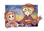  2girls asymmetrical_hair blonde_hair blush commentary_request fleecysheep floral_print hat hime_cut holding holding_pinwheel ichihara_nina idolmaster idolmaster_cinderella_girls japanese_clothes kimono long_hair miyamoto_frederica multiple_girls obi open_mouth pinwheel ramune sash sky star_(sky) star_(symbol) star_print starry_sky 