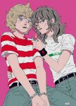  1boy 1girl arm_around_another's_waist arms_between_legs belt black_streaks blonde_hair bracelet cigarette cowboy_shot denim facial_hair fire grey_hair half-closed_eyes highres holding holding_lighter jeans jewelry kaneoya_sachiko leaning_to_the_side lighter lighting_cigarette long_hair looking_down looking_to_the_side mouth_hold multicolored_hair original pants parted_lips pink_background shirt short_hair short_sleeves stitched_face stitches streaked_hair striped_clothes striped_shirt stubble teeth two-tone_hair unlit_cigarette_in_mouth upper_teeth_only v_arms wristband 