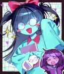 >_< 1girl 1other :d annoyed aqua_(deltarune) aqua_skin arm_up black_border black_hair blush book border bow buck_teeth collar colored_skin commentary_request deltarune distortion fang glasses glint grid_background hair_bow hand_on_own_head heart highres holding holding_book long_hair necktie nose_blush opaque_glasses open_mouth outline ponzudayooooo32 purple_hair purple_necktie purple_skirt red_bow red_collar round_eyewear seth_(deltarune) side_ponytail skin_fang skirt sleeves_past_fingers sleeves_past_wrists smile speech_bubble teeth twintails utdr_(toby_fox) white_outline 