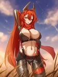  1girl akkuon arm_up bikini black_gloves black_pants blue_sky blush breasts cleavage cloud commentary_request field fingerless_gloves gloves goddess_of_victory:_nikke hair_between_eyes highres horns jacket large_breasts latex latex_bikini leather leather_jacket leather_pants long_hair looking_at_viewer mechanical_horns navel pants parted_lips red_hair red_hood_(nikke) red_scarf scarf sky smile solo swimsuit very_long_hair yellow_eyes 