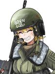  1girl :d ^_^ assault_rifle bag beretta_92 blonde_hair camouflage camouflage_pants close-up closed_eyes combat_helmet commentary_request english_text gloves green_gloves green_jacket grin gun handgun headset helmet highres jacket laitumidane m16 m16a2 military_combat_uniform military_uniform original pants rifle shoulder_bag smile solo weapon 