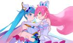  2girls :d absurdres ahoge arm_bow arms_on_another's_shoulder ascot asymmetrical_bangs blue_bow blue_cape blue_dress blue_eyes blue_hair bow braid brooch cape carrying carrying_person closed_mouth commentary cure_prism cure_sky cut_bangs detached_sleeves diagonal_bangs dress dress_bow earrings elbow_gloves feet_out_of_frame fingerless_gloves fingernails frills gloves green_eyes hair_between_eyes hair_bow hair_ornament half_up_braid halter_dress halterneck heart heart_ahoge highres hirogaru_sky!_precure jewelry long_hair looking_at_another magical_girl medium_dress multicolored_hair multiple_girls nijigaoka_mashiro open_mouth petticoat pink_bow pink_hair pink_streaks polarisriss precure princess_carry puffy_detached_sleeves puffy_sleeves red_cape side_braids simple_background single_bare_shoulder single_earring single_hair_streak single_sidelock sleeveless sleeveless_dress smile sora_harewataru sphere_earrings streaked_hair swept_bangs twintails two-sided_cape two-sided_fabric two-tone_dress two-tone_hair very_long_hair white_ascot white_background white_bow white_dress white_gloves wing_brooch wing_hair_ornament yuri 