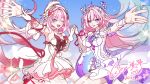  2girls :o ;o absurdres aqua_hair beret breasts cen_(cenll) chinese_commentary color_connection commentary_request cyrene_(demiurge)_(honkai:_star_rail) cyrene_(honkai:_star_rail) dated diamond-shaped_pupils diamond_(shape) dress elf elysia_(hi_love_elf)_(honkai_impact) elysia_(honkai_impact) hair_color_connection hat highres honkai:_star_rail honkai_(series) honkai_impact_3rd inoue_marina interlocked_fingers large_breasts long_hair looking_at_viewer multicolored_hair multiple_girls one_eye_closed pink_hair pointy_ears purple_eyes sky smile star_(sky) starry_sky symbol-shaped_pupils two-tone_hair very_long_hair voice_actor_connection white_dress white_hair yanning 