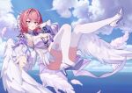  1girl absurdres bare_shoulders blue_sky bow bow_legwear breasts cleavage cleavage_cutout clothing_cutout coattails colored_eyebrows commentary_request detached_sleeves dress feathered_wings feathers full_body hair_bow hair_ornament hairclip high_heels highres large_breasts looking_at_viewer medium_hair ocean parted_lips pink_eyes pink_hair pointing_at_mouth puffy_detached_sleeves puffy_sleeves reaching reaching_towards_viewer remielle_dan shoes short_dress sidelocks silver_shoes sky sleeveless sleeveless_dress slingback_heels solo swept_bangs tailcoat thick_eyelashes thighhighs user_xnkx8754 white_dress white_feathers white_thighhighs white_wings wings zenless_zone_zero 