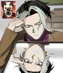  1boy black_hair blazer brown_jacket chair classroom closed_mouth danganronpa_(series) danganronpa_3:_the_end_of_hope's_peak_high_school dangle_earrings desk different_reflection earrings forehead furrowed_brow grey_eyes hand_on_own_head heterochromia highres hope's_peak_academy_school_uniform indoors jacket jewelry lapels light_frown long_sleeves male_focus mirror multicolored_hair no_eyebrows photo-referenced purple_scarf red_eyes reference_inset reflection saman_zero7 scar scar_across_eye scar_on_face scarf school_chair school_desk school_uniform short_hair sideburns single_earring solo sphere_earrings streaked_hair tanaka_gundham two-tone_hair upper_body very_short_hair white_hair 