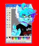  2019 ambiguous_gender anthro black_nose blue_body blue_fur blue_hair claws clothing digital_drawing_(artwork) digital_media_(artwork) english_text eyewear fangs froste froste_(character) fur glasses green_eyes hair low_res mammal ms_paint red_background sharp_teeth shirt simple_background teeth text topwear 