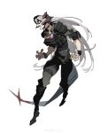  1girl absurdres angry arknights black_boots black_choker blank_eyes body_armor boots chinese_commentary choker claw_pose collared_shirt commentary elbow_pads fighting_stance full_body furious grey_hair grey_pants grey_shirt highres horns id_card jinrou_da_niao_ren knee_pads long_hair official_alternate_costume open_mouth pants saria_(arknights) saria_(the_law)_(arknights) shirt shoulder_pads simple_background sleeves_rolled_up solo tail thigh_strap very_long_hair watermark weibo_username weibo_watermark white_background 