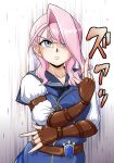  1girl absurdres belt blue_eyes blue_sailor_collar brown_belt brown_gloves commentary_request fingerless_gloves gloves highres jojo_no_kimyou_na_bouken jojo_pose kakyoin_noriaki's_pose kantai_collection long_hair looking_at_viewer pink_hair sailor_collar single_hair_intake solo stardust_crusaders tofu_donburi upper_body visby_(kancolle) 