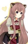  1girl alternate_eye_color animal_ear_fluff animal_ears arm_under_breasts armor artist_name belt black_dress breastplate breasts brown_armor brown_belt brown_hair closed_mouth commentary dress drop_shadow gauntlets heart highres layered_dress leaning_forward leather_armor long_hair looking_at_viewer medium_breasts metal_arm_cuffs neck_ribbon purple_eyes raccoon_ears raccoon_girl raccoon_tail raphtalia red_dress red_ribbon ribbon short_dress sleeveless sleeveless_dress smile solo straight_hair strapless strapless_dress tail tanuki tate_no_yuusha_no_nariagari two-tone_dress user_jeax7228 watermark white_background white_dress yellow_trim 