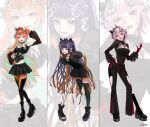  3girls :d black_boots black_choker black_crown black_dress black_pants black_shirt black_skirt black_tiara blunt_bangs boots breasts choker cleavage_cutout clothing_cutout colored_inner_hair commentary_request contrapposto crown dress earrings elbow_gloves feather_earrings feathers full_body gloves gradient_hair green_feathers green_hair hair_ornament hairclip hand_on_own_hip hand_up high_ponytail highres hololive hololive_english holomyth jewelry knee_boots leaning_forward long_hair looking_at_viewer medium_breasts medium_hair mini_crown miniskirt mole mole_under_eye mori_calliope multicolored_hair multiple_girls ninomae_ina'nis official_art open-toe_boots open_mouth orange_choker orange_gloves orange_hair pants parallel_hairclips pink_eyes pink_hair platform_boots pointy_ears ponytail purple_eyes purple_hair red_gloves see-through_clothes see-through_sleeves shirt short_dress shoulder_cutout sidelocks single_thighhigh skirt small_breasts smile takanashi_kiara tentacle_hair thigh_boots thighhighs tiara tilted_headwear two-tone_hair very_long_hair virtual_youtuber youlike0315 zoom_layer 