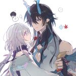  ...! 1boy 1girl ? absurdres bare_shoulders black_gloves black_hair blue_eyes blue_hair chinese_clothes closed_mouth clothing_cutout colored_inner_hair commentary_request dan_heng_(honkai:_star_rail) dan_heng_(imbibitor_lunae)_(honkai:_star_rail) detached_sleeves dragon_boy dragon_horns earrings eileen_(honkai:_star_rail) eyeshadow fingerless_gloves fingernails flower from_behind gloves gold_earrings hair_between_eyes hand_up height_difference highres holding holding_ticket honkai:_star_rail honkai_(series) horns jewelry korean_commentary leaf long_hair long_sleeves looking_at_another low_twintails makeup mandarin_collar maple_leaf multicolored_eyes multicolored_hair off-shoulder_shirt off_shoulder pink_eyes pink_hair pointy_ears puffy_long_sleeves puffy_sleeves purple_scarf red_eyeshadow red_hair scarf shirt sidelocks simple_background single_bare_shoulder single_detached_sleeve single_earring sleeveless sleeveless_shirt sp0i0ppp speech_bubble spoken_question_mark star_rail_special_pass_(honkai:_star_rail) streaked_hair ticket twintails upper_body very_long_hair white_background white_flower white_shirt white_sleeves wide_sleeves 
