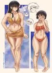  2girls @_@ ankle artist_name azumanga_daioh bikini blue_eyes blush breasts cloud cloudy_sky commentary english_commentary feet hand_on_own_cheek hand_on_own_face hand_on_own_hip heart heart_tongue highres implied_yuri iriomote_cat kaori_(azumanga_daioh) large_breasts long_hair mayaa_(azumanga_daioh) multiple_girls navel one_eye_closed orange_bikini outside_border purple_eyes sakaki_(azumanga_daioh) sarong short_hair side-tie_bikini_bottom sky small_breasts swimsuit thick_thighs thighs ufriendlyobject yellow_bikini yellow_sarong 