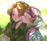  1boy 1girl artist_name blonde_hair blue_eyes closed_eyes commentary english_commentary green_background green_hat hat headdress hetero kiss kissing_cheek link miyukiko pointy_ears princess_zelda the_legend_of_zelda the_legend_of_zelda:_ocarina_of_time the_legend_of_zelda:_ocarina_of_time_(remake) upper_body young_link young_zelda 