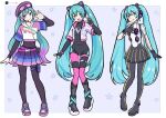  1girl :d animal_ear_hairband animal_ears aqua_eyes aqua_hair artist_name black_bodysuit black_gloves black_skirt bodysuit border cat_ears clidzs clothing_request commentary cropped_shirt dot_nose english_commentary fake_animal_ears fortnite gloves gradient_hair hairband hand_on_own_chest hand_up hat hatsune_miku headphones headset hooded_shirt jacket long_hair multicolored_hair multicolored_skirt multiple_persona official_alternate_costume open_clothes open_jacket open_mouth outside_border pantyhose persona persona_4:_dancing_all_night persona_dancing pink_pantyhose pleated_skirt purple_hair purple_hat purple_shoes shirt shoes skirt smile sonic_(series) sonic_racing:_crossworlds split_mouth twintails twitter_username twitter_x_logo variations very_long_hair vocaloid w white_border white_shirt 