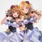  2girls :d blonde_hair blue_eyes bob_cut brown_hair butterfly_brooch dress flower fly_(marguerite) gloves hair_flower hair_ornament half-heart_hands highres holding_hands idol_clothes idolmaster idolmaster_million_live! idolmaster_million_live!_theater_days long_hair looking_at_viewer momose_rio morpho_paresia_(idolmaster) multiple_girls official_alternate_costume open_mouth red_eyes see-through_clothes see-through_gloves side-by-side simple_background sleeveless sleeveless_dress smile suou_momoko underbust white_background white_dress 