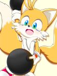  1boy animal_ears animal_nose blue_eyes bomb commentary_request crying explosive fox_boy fox_ears fox_tail furry furry_male gloves male_focus multiple_tails open_mouth roshii_(roshi_loshi_641) simple_background solo sonic_(series) tail tails_(sonic) tears white_gloves yellow_background 