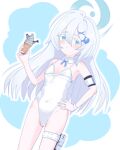  1girl aqua_eyes arm_strap ass_visible_through_thighs bare_shoulders belt blue_archive blue_background blue_halo blue_ribbon blush closed_mouth colored_eyelashes commentary_request covered_navel cowboy_shot detached_collar double-parted_bangs expressionless fish_ice_cream flat_chest food groin hair_between_eyes hair_ornament halo hand_on_own_hip hand_up highleg highleg_one-piece_swimsuit holding holding_food holding_ice_cream holding_ice_cream_cone ice_cream ice_cream_cone long_hair looking_at_viewer neck_ribbon one-piece_swimsuit orca_hair_ornament pouch ribbon sardine sayuri_(blue_archive) simple_background single_hair_intake soft_serve solo spaghetti_strap split_mouth straight_hair swimsuit tareme thigh_belt thigh_pouch thigh_strap urawayuu white_background white_eyelashes white_hair white_one-piece_swimsuit wing_collar wristband x_hair_ornament 