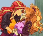  2girls adagio_dazzle adagio_dazzle_(human) against_wall animification blonde_streaks blush breasts colored_skin equestria_girls:_rainbow_rocks eye_contact green_eyes hairband holding_hands interlocked_fingers jacket jewelry large_breasts leather leather_jacket long_hair looking_at_another multicolored_hair multiple_girls my_little_pony my_little_pony:_equestria_girls my_little_pony:_friendship_is_magic necklace orange_hair orange_skin pants pink_eyes ponytail raika0306 red_hair shirt short-sleeved_jacket short_sleeves smile spiked_hairband spikes streaked_hair sunset_shimmer sunset_shimmer_(human) sweat triangle_print two-tone_hair wavy_hair yellow_skin yuri 