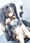  1girl bare_shoulders black_hair braid braided_twintails breasts chair chinese_clothes commentary_request detached_sleeves dialyn_(zenless_zone_zero) dress fynm3854 hair_extensions hair_ornament highres holding holding_phone knees_up long_hair looking_at_viewer multicolored_hair necktie office_chair on_chair open_mouth panda_hair_ornament phone ring_hair_extensions sitting solo split-color_hair swivel_chair teeth thighhighs twirling_phone_cord upper_teeth_only white_hair white_thighhighs yellow_eyes zenless_zone_zero 